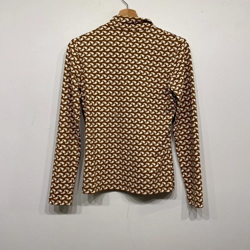 J.McLaughlin Brown Geometric Print Quarter Zip Mock Neck Top XS Long Sleeve